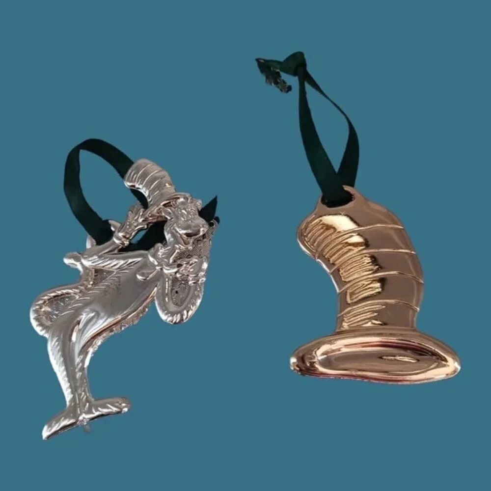Lot of 2 dr.seuss cat in the hat silver & gold plated christmas ornaments